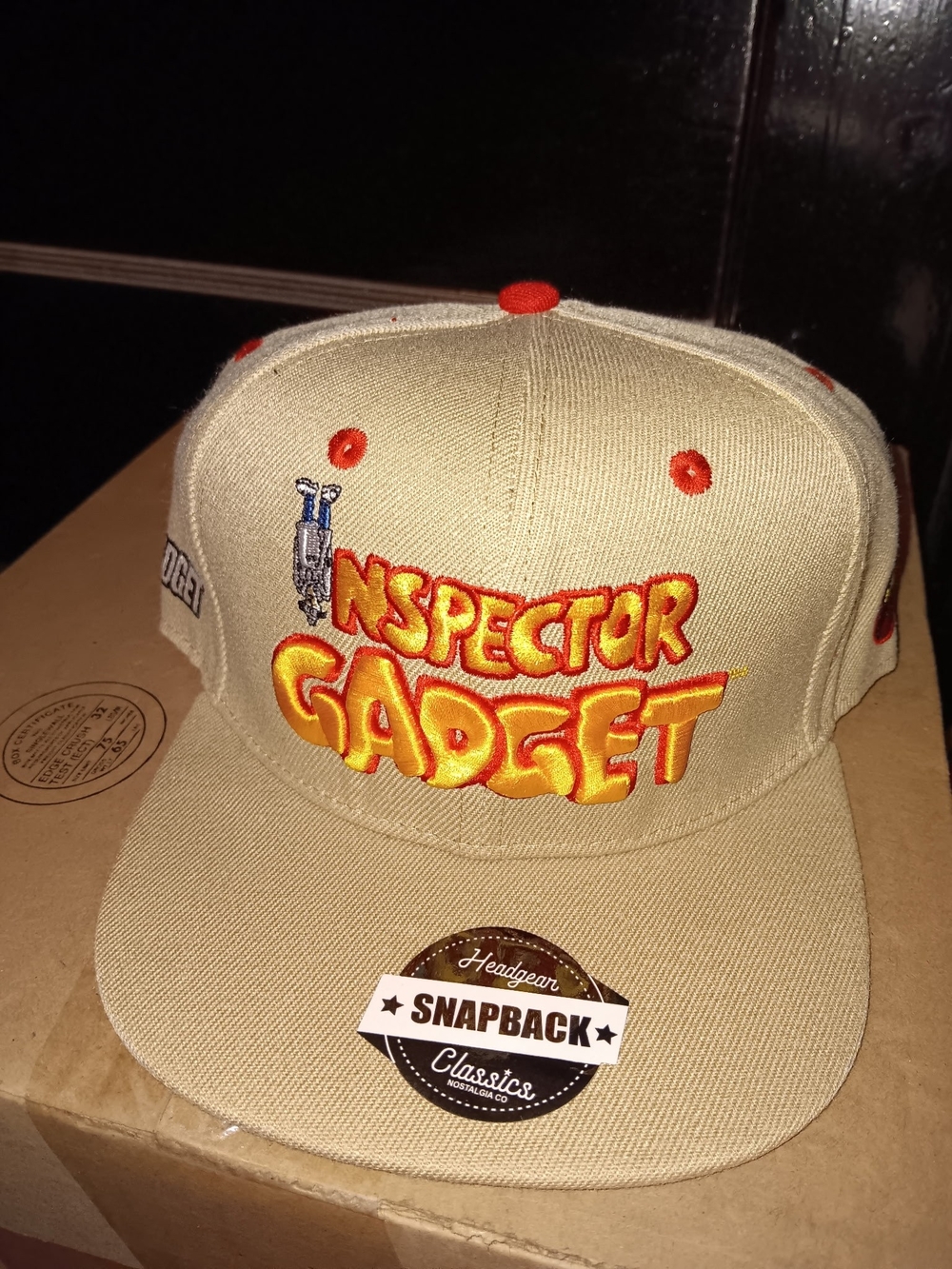 Inspector Gadget Tan Snapback Hat with Red Embroidery